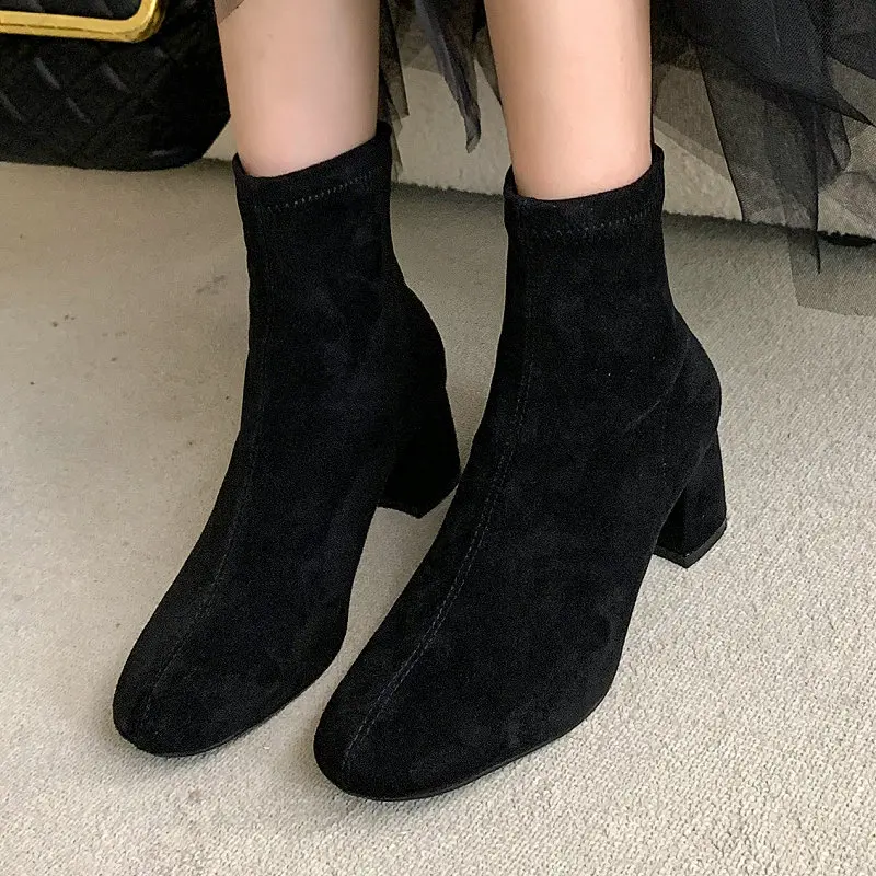 

Large Size 33-46 Flock Suede Leather Concise Elegant Lady Dress Pumps Winter Fall Shoes Square Chunky Heels Stretch Ankle Boots