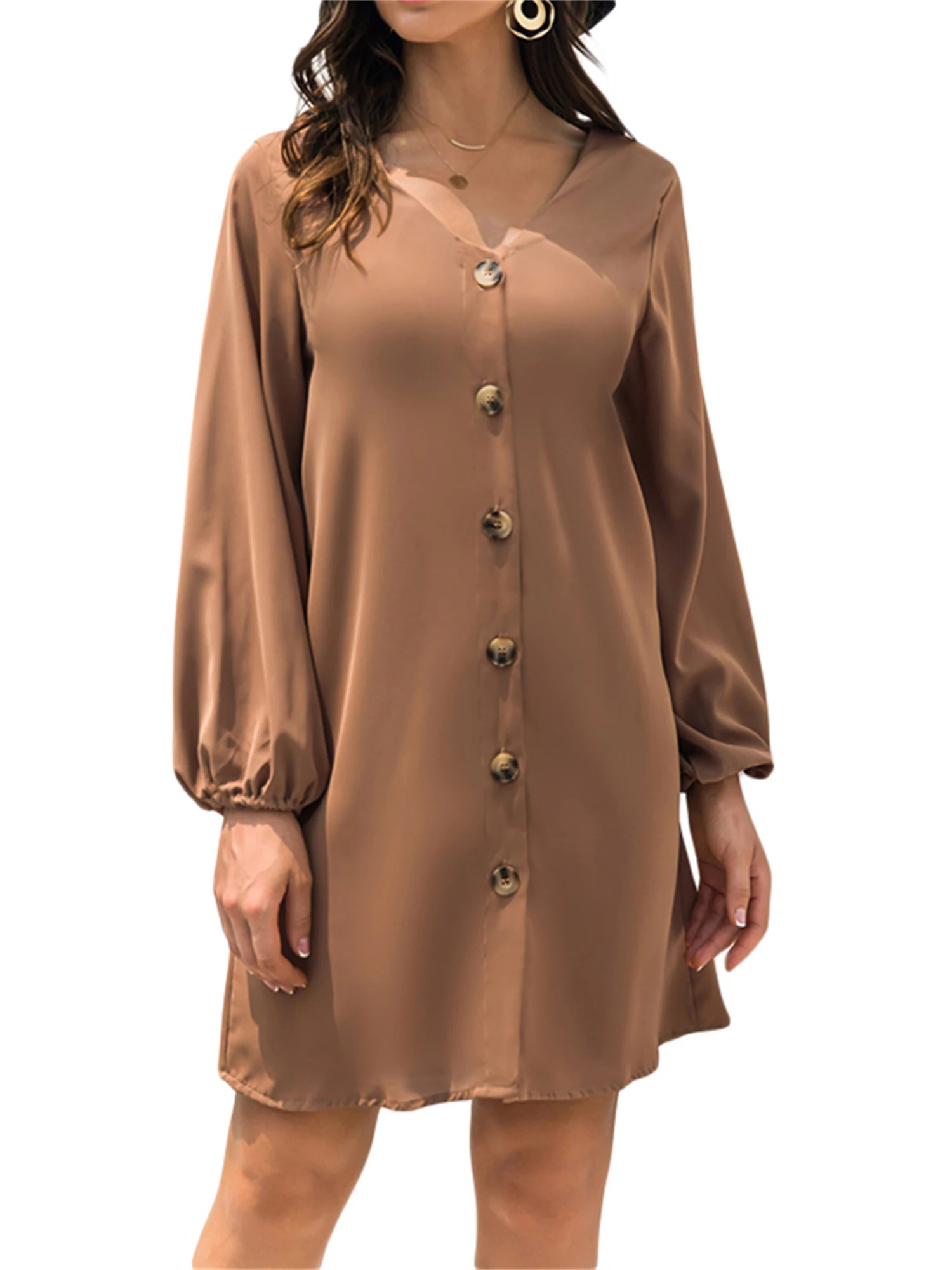 

Платье женское атласное с V-образным вырезом, Модный повседневный Однотонный сарафан свободного кроя, с длинным рукавом, на пуговицах, на лето