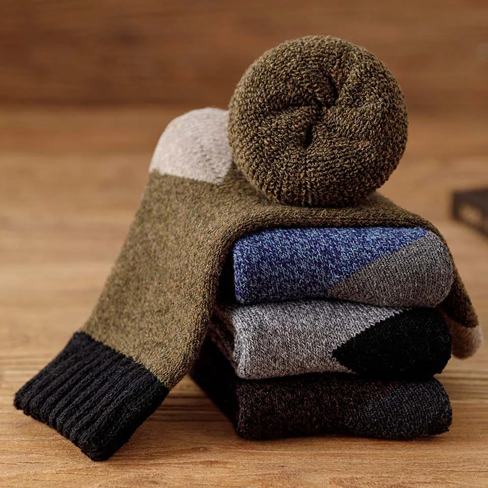 Winter Men's Thick Warm Wool Socks Harajuku Retro Merino Cashmere Socks High Quality Plus Size Casual  Long Socks For Men 3 Pair images - 6