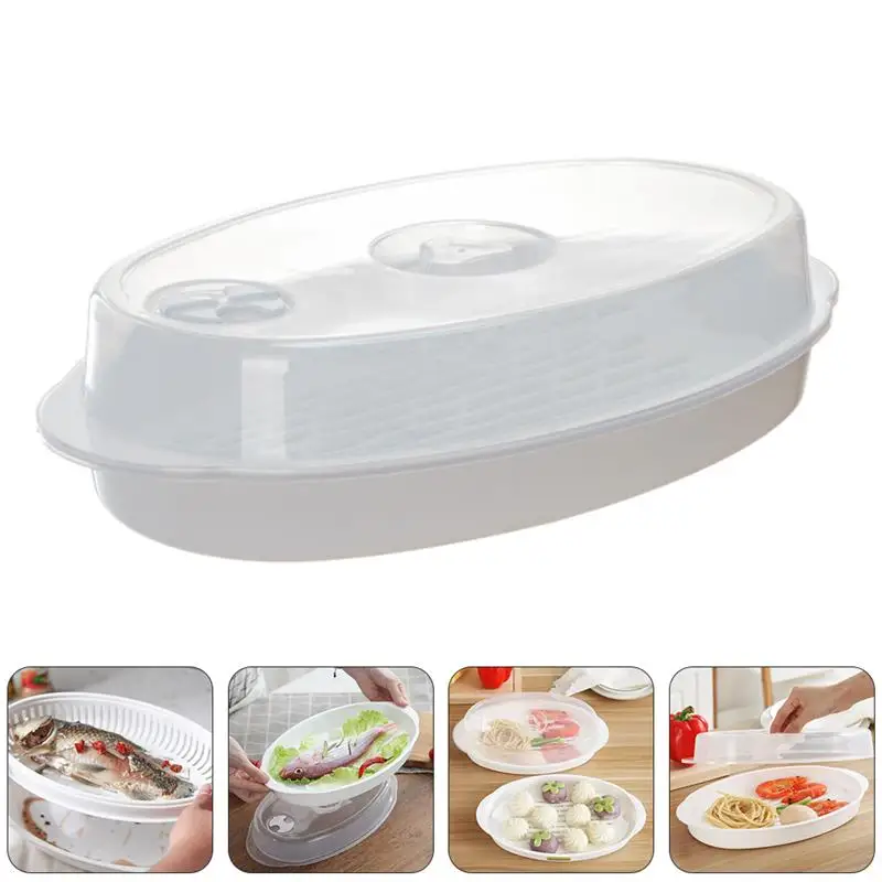 

1pc Food Steamer Plate Microwave Oven Steamer Kitchen Plate with Lid (White)