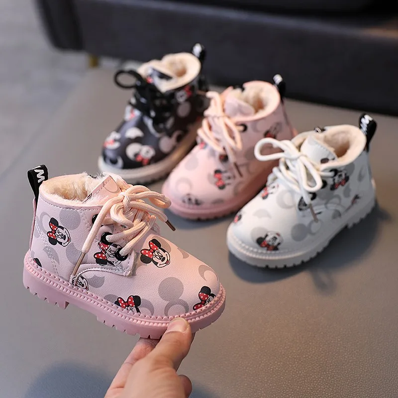 Winter Warm Plush Fur Baby Girls Shoes First Walkers Lace Up Mickey Mouse Lovely Boots Sneakers High Quality Infant Toddlers