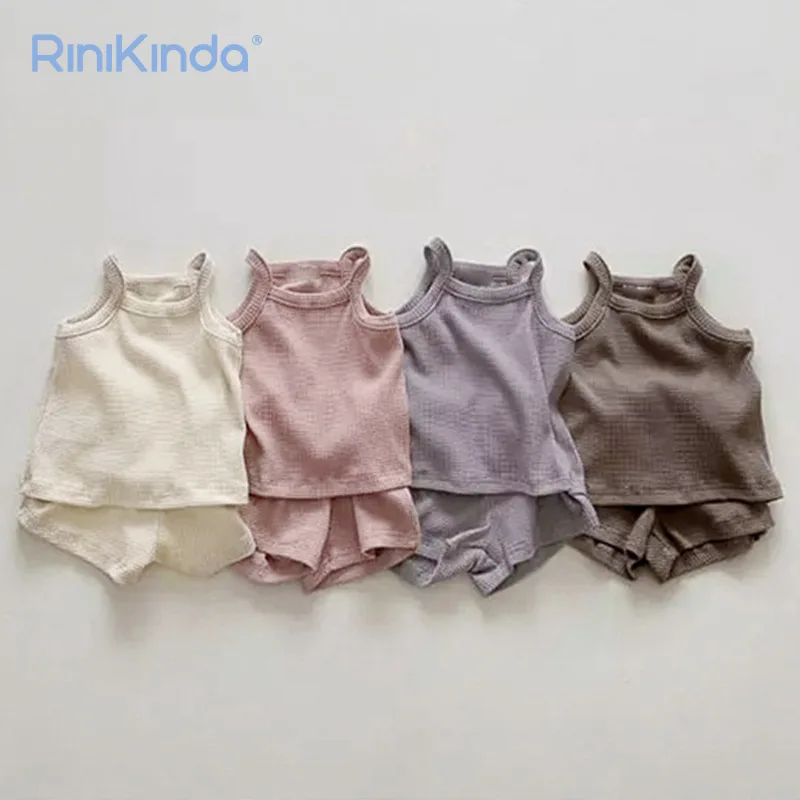 

2023 New Summer Newborn Baby Boys Girls Outfits Suit Solid Sleeveless Shirts Shorts 2Pcs Suit for Girls Kids Clothing