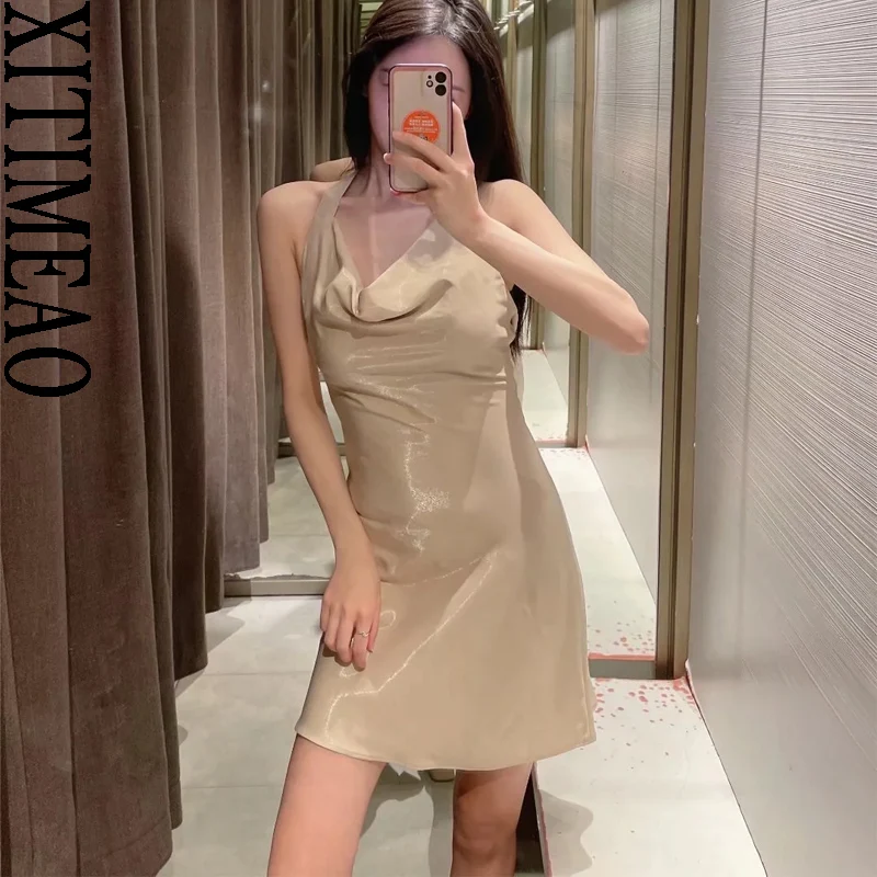 

Xitimeao Women Fashion With Tied Straps Satin Mini Dress Vintage Backless Side Zipper Female Dresses Vestidos Mujer