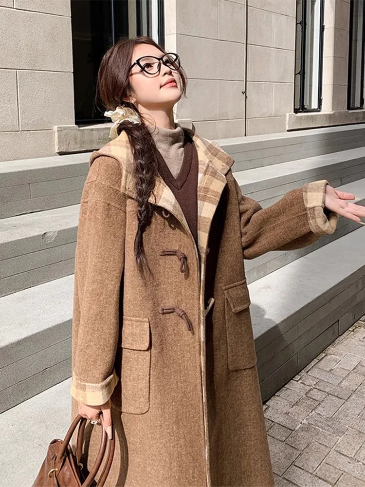 Шерстяная куртка с капюшоном и пуговицами в южнокорейском стиле того же стиля