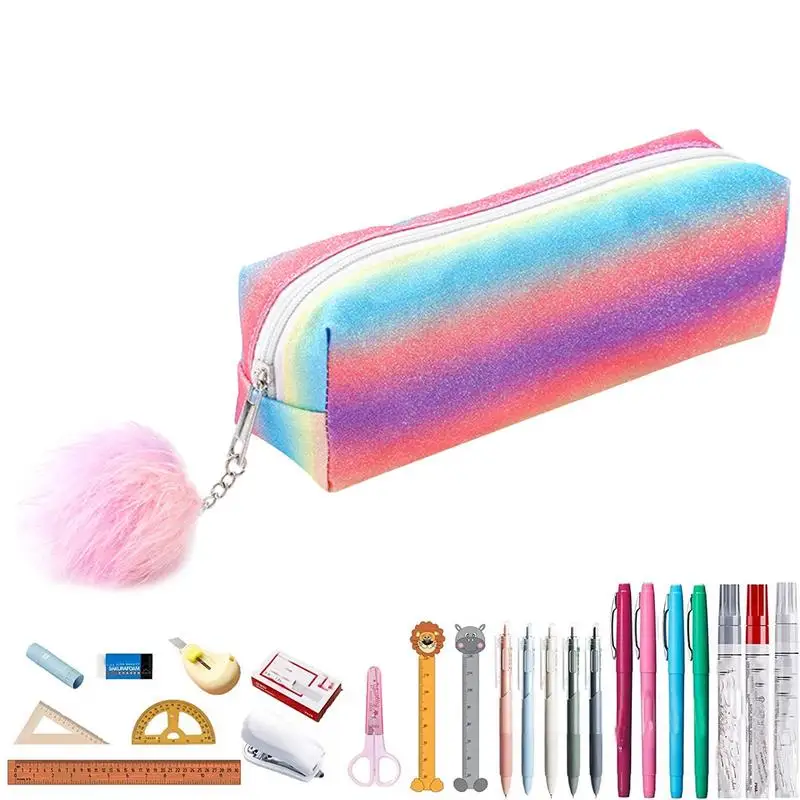Case Rainbow Pen Bag With Cute Fuzzy Ball School Supplies Pencil Pouch For Marker Pens Rollerball Pens Gel Pens