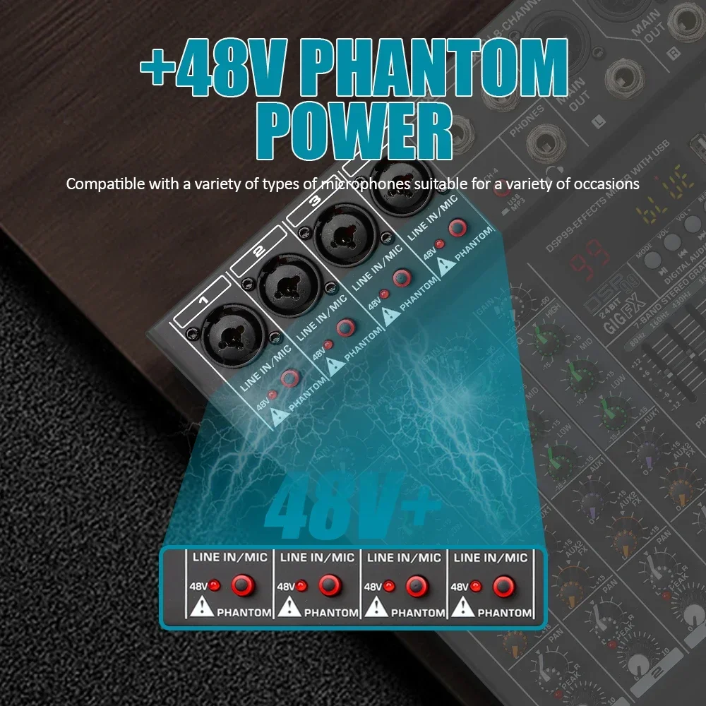 Dgног 6-канальный аудио микшер смешивание DJ консоль USB Bluetooth с 48V фантомным питанием