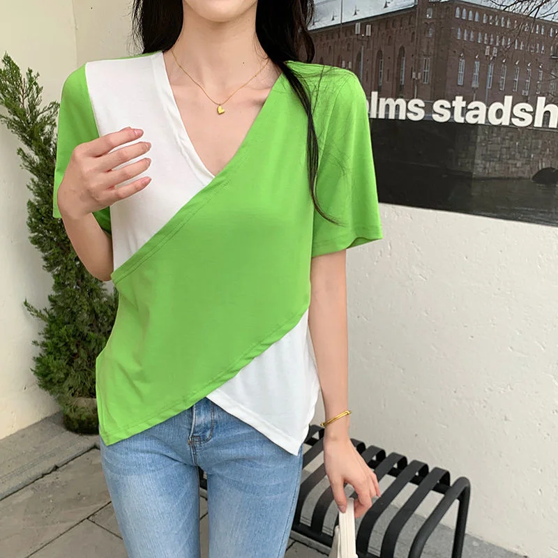 

4xl Large T-shirt Women Summer 2022 Korean Fashion Color Contrast Cross Loose Casual Short Sleeve T-shirt Slim Sweet Top Tees