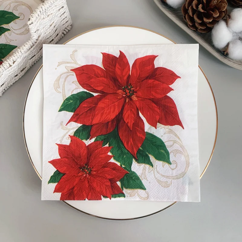 

2022 New 20Pcs/Bag Christmas Flowers Paper Napkins Merry Christmas Wreath Decoupage Serviettes for Xmas Party Tableware Decor