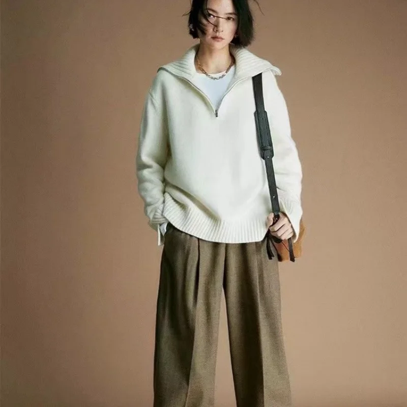 Французский романтический женский свободный свитер с большими лацканами и