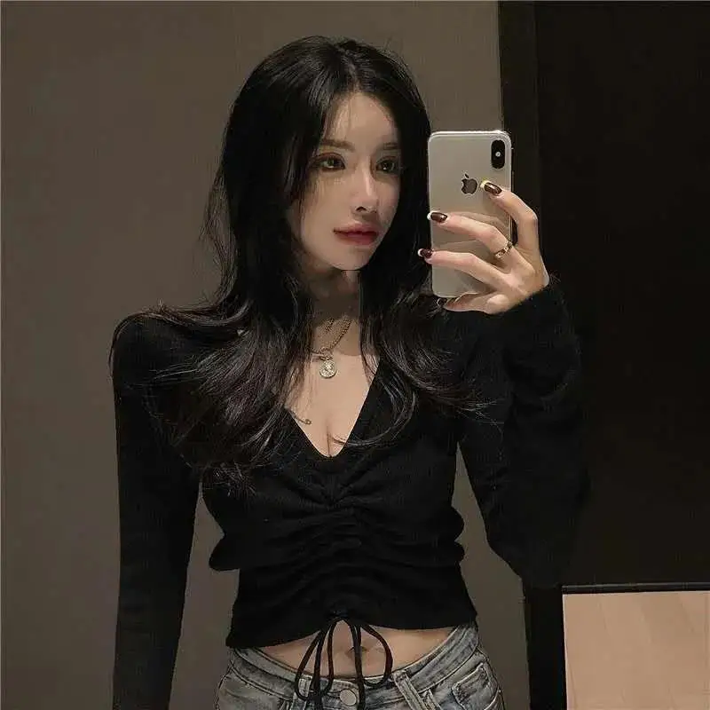 

Retro Spring Autumn Drawstring T-Shirt Sexy Temperament Long Sleeve V Neck Solid Color Top Slim Bottoming Women's T-Shirt