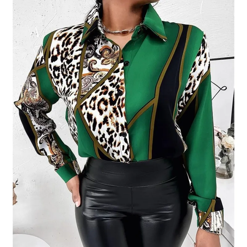 

Women Shirt Print Lapel Single Row Button Spring Autumn Long Sleeve Top Shirt