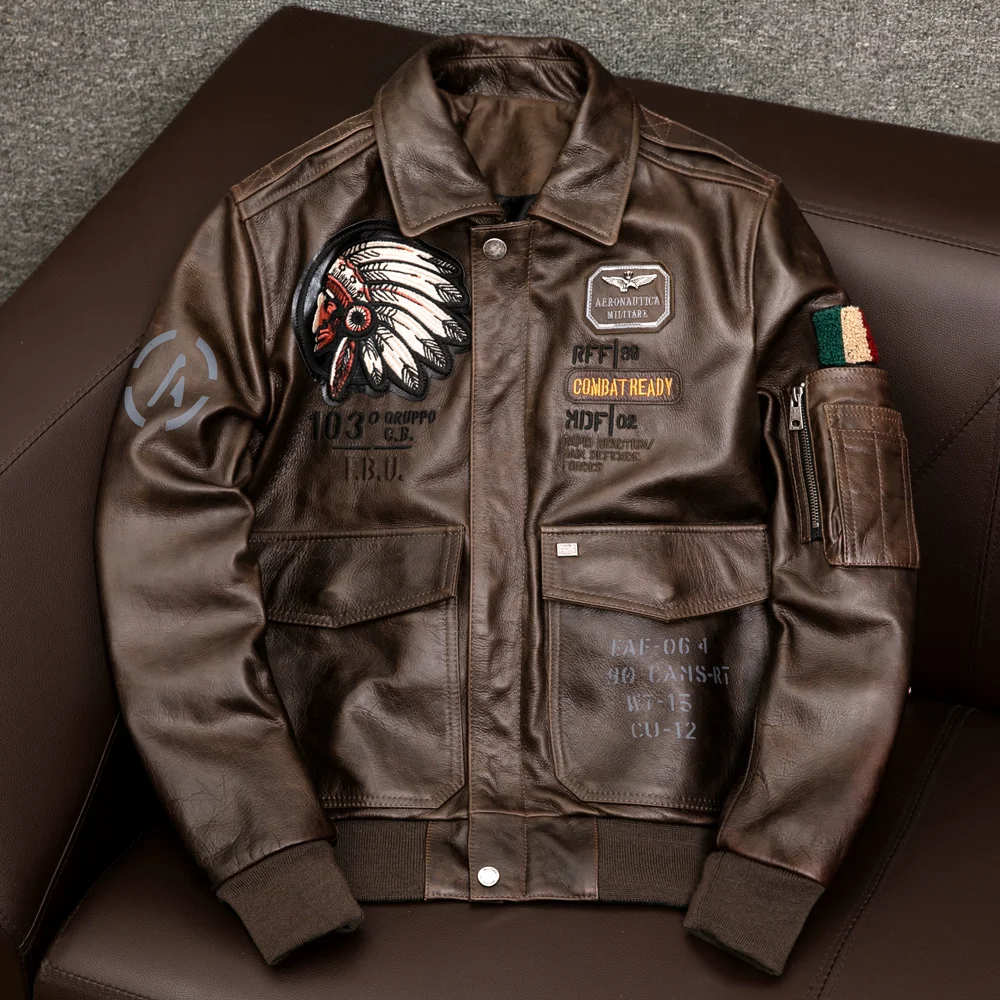 

Air Force Flight A2 Pilot Indian Cow Leather Motorcycle Brown Jacket 100% Cowhide Men's Aviator Jacket Bomber Male Clothing
