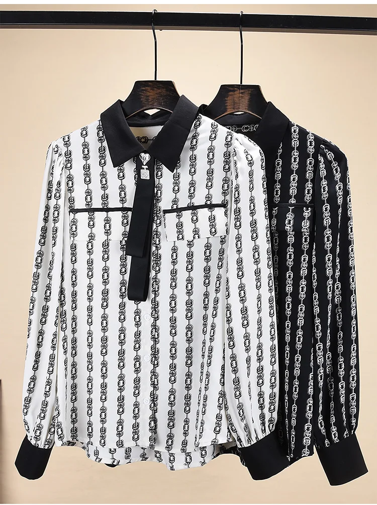 Autumn Europe Style Women's High Quality Designer Print Vintage Chiffon Shirt A670