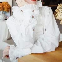 fashion new tops womens loose design french retro elegant shirt fungus lace white shirt blouse button streetwear