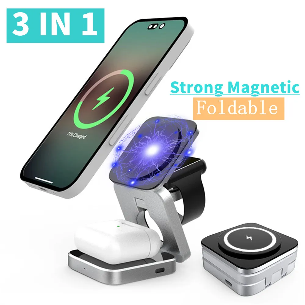 

15W 3 IN 1 Magnetic Wireless Charger For iPhone 14 13 12 Pro Max Foldable Fast Charging Stand Pad For Apple Watch SE 8 Airpods 3