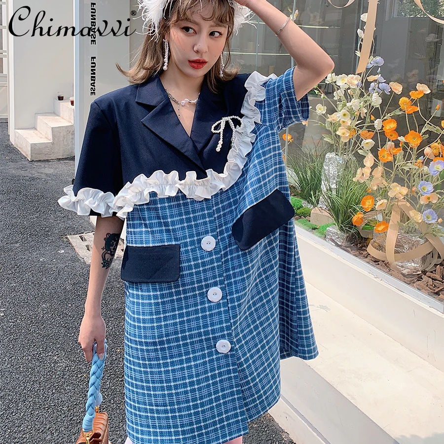 

female Retro 3D Pearl Flower ruffles Plaid Suit dress Women's 2022 Summer new fashion elegant office lady Stitching Loose Dress