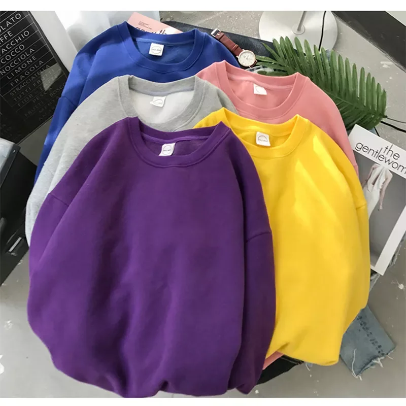 

Woman Solid Color O-Neck Sweatshirt Casual Loose Fit Hoodie Harajuku Aesthetic Streetwear Velvet Pullover White Tops Korean Pop