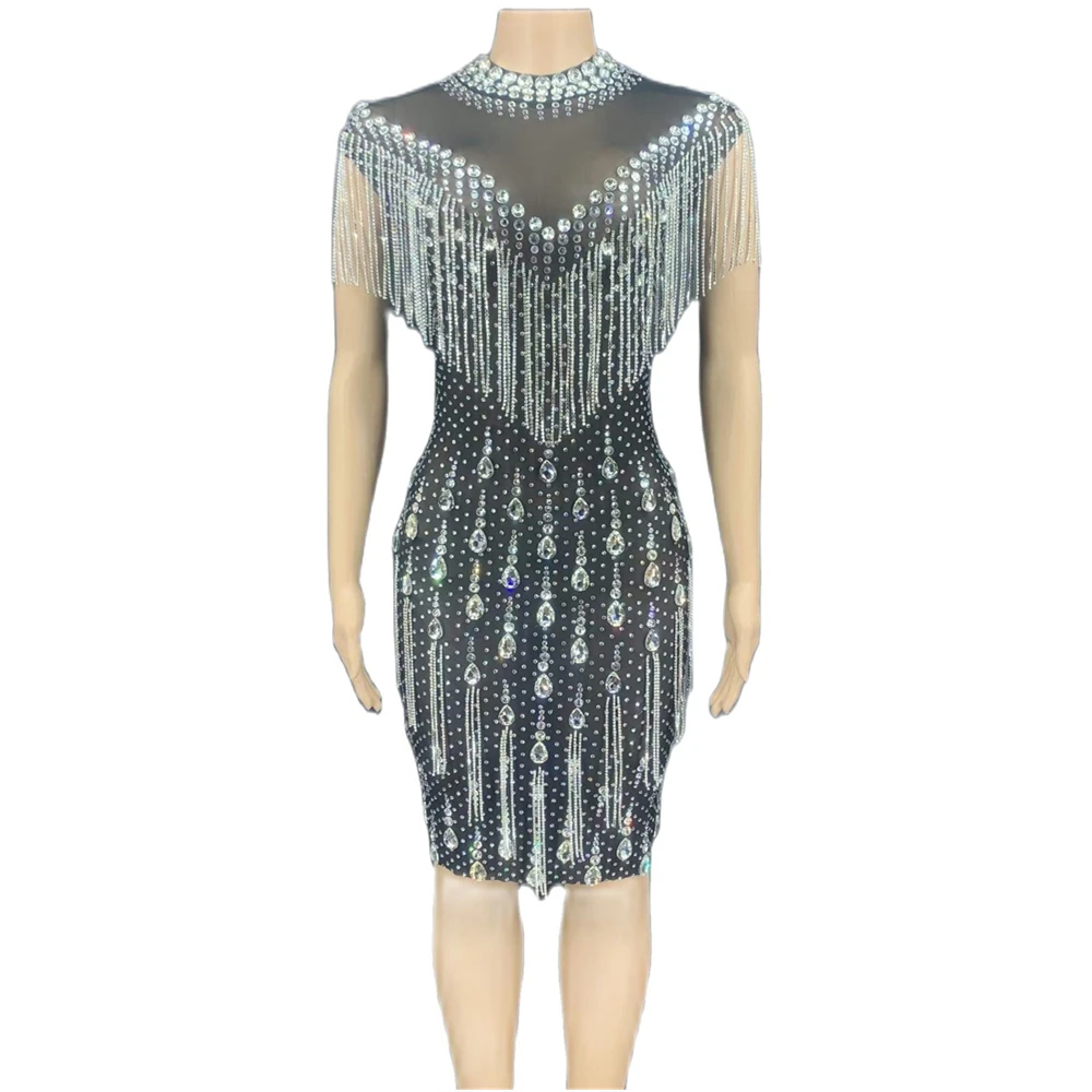 

Black Shining Crystal Sparkly Sexy Women Sheath Dress Tassel Perspective Nightclub Party Cloth Stage Singer Dance Costume