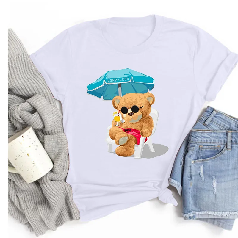 

Summer Kawaii Preppy Short-sleeved топ New All-match Teddy Bear Cartoon Fun Print Pattern T-shirt Casual Fashion Tees For Women