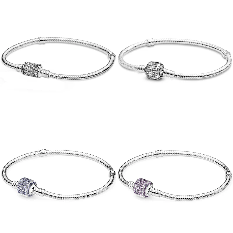 

New 925 Sterling Silver Blue Purple Sparkling Pave Barrel Clasp Snake Chain Bracelet For Popular Bangle Bead Charm Diy Jewelry