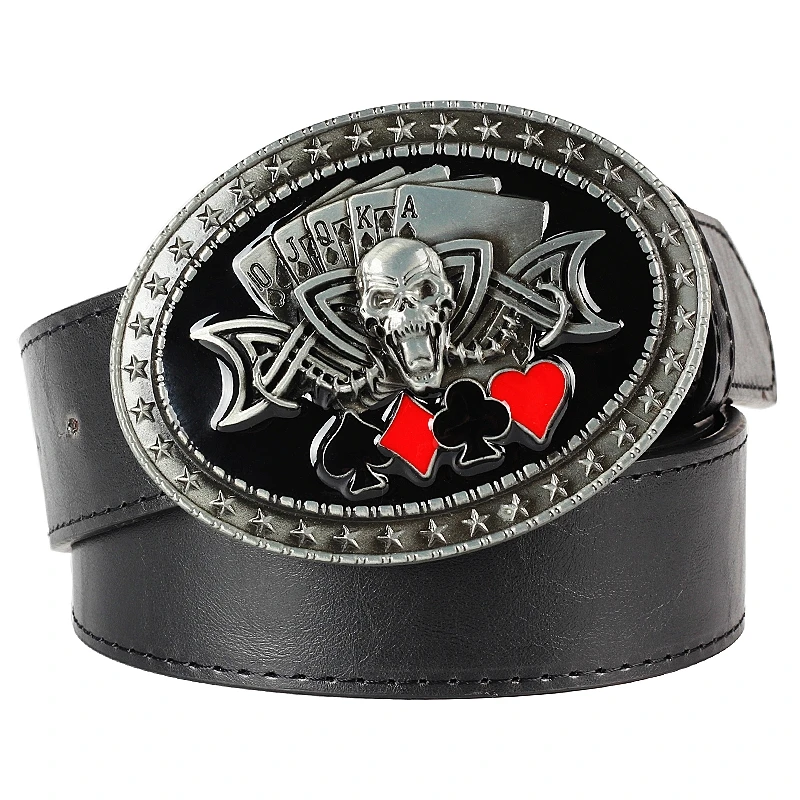 PUNK Popular Element Devil Gamble Skull Poker Game Metal Buckle Belt Leather Fashion Decorative Waistband For Women Men