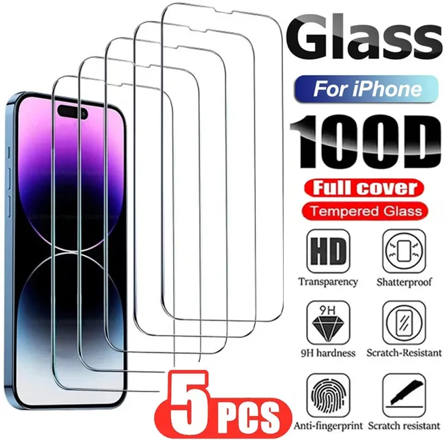 5Pcs Tempered Glass for IPhone 14 13 12 11 Pro Max Screen Protector for IPhone 12Mini 13Mini 7 8 14 Plus SE X XS XR 14Pro Glass