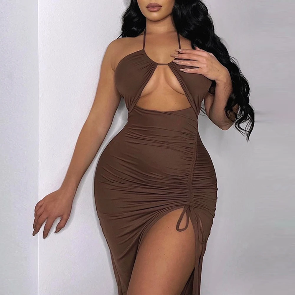 

Women Sexy Halter Backless Sleeveless Cut Out Long Dress Party Club Slit Dress Soild Elegant Evening Bandage Dresses A30