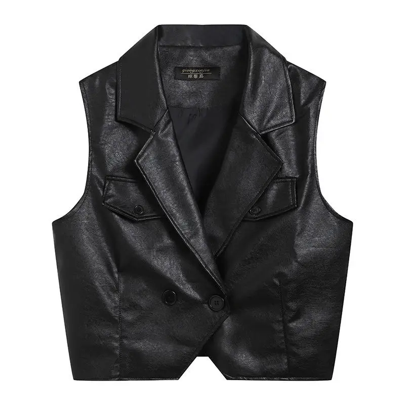 

Women Spring Autumn Office All-match Elegant Pocket Single Buttons Solid Color Waistcoats Female Fashion Korean Leather Vest W02