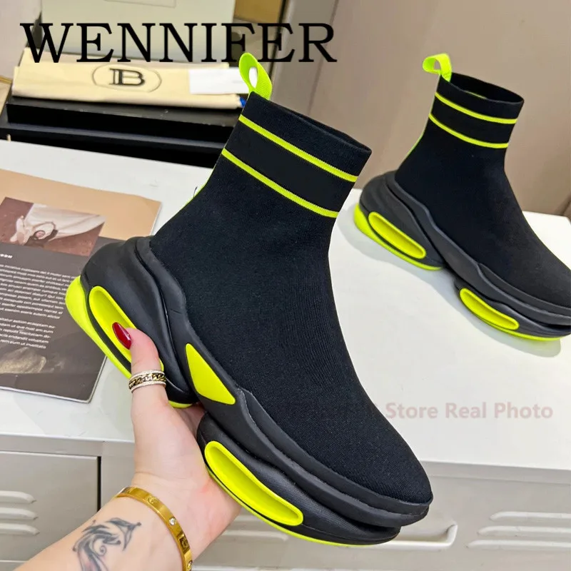 

Two Tone Split Sole Lace Up Trainers Round Toe Knit Leather Chunky Sock Boots Women Running Pull Tab Heel Ankle-length Sneakers