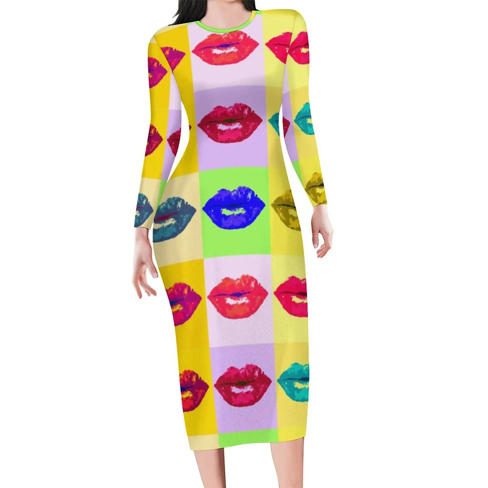 

Женское платье с принтом губ, длинным рукавом и принтом