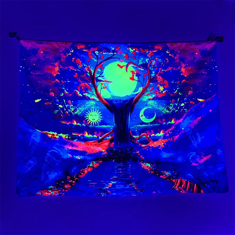 

Moon Sun Hanging Party Bar Fluorescent Tapestry Wall Psychedelic Tree Starry Background Glowing Tapestry
