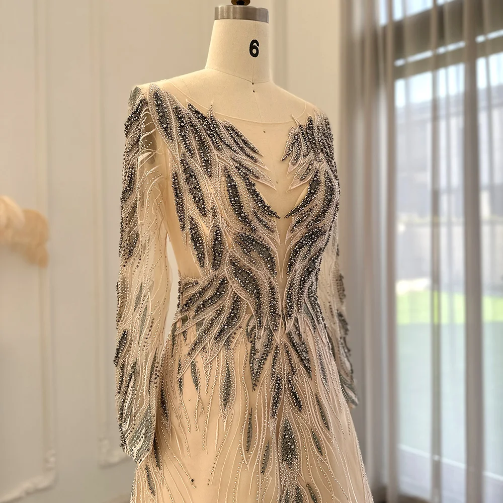 Jancember Beading Floral Tulle Evening Costume 2023 Luxury Long Sleeve Formal Prom Dresses For Wedding Party Gown SCZ064