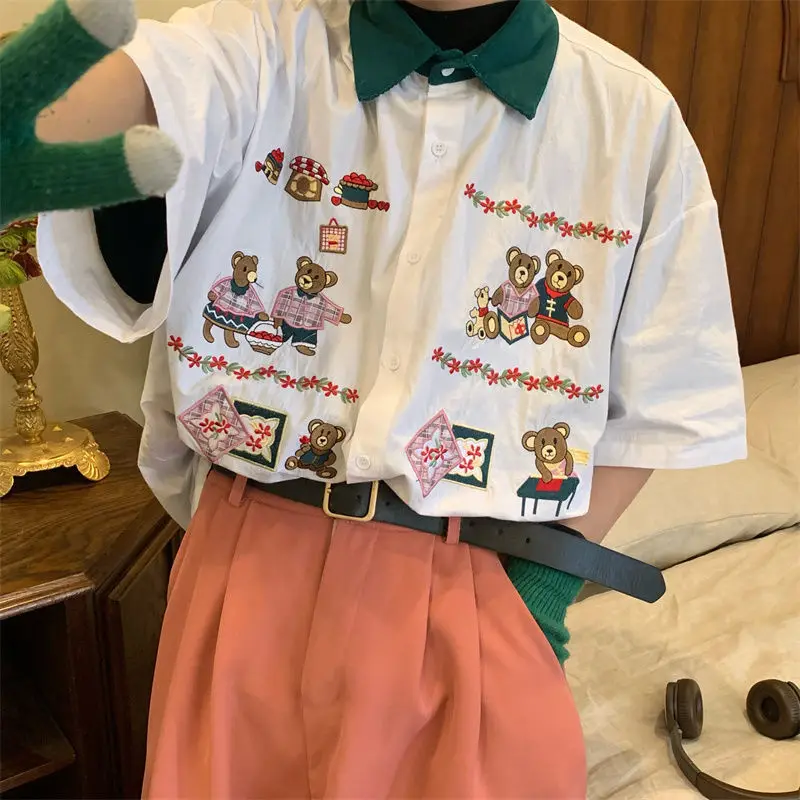 

Cute Bear Embroidery Retro Casual Short Sleeve Shirt Women Button Up Shirt Japanese High Street Shirts 2022 Summer College Style