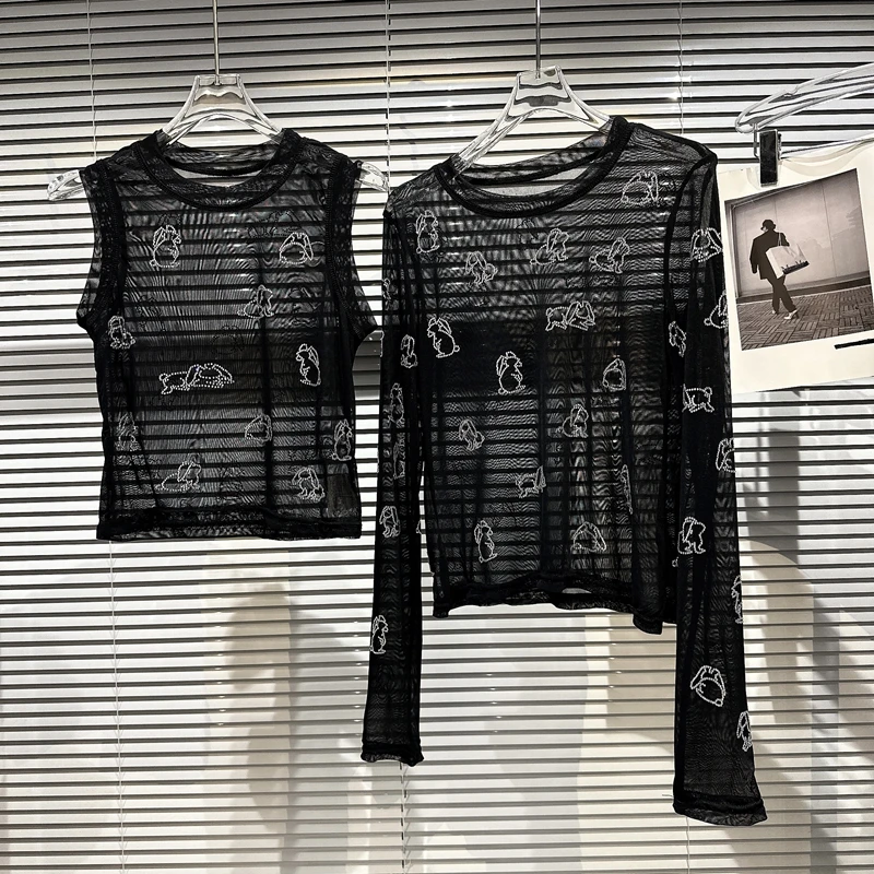 

Trendy 2023 New Spring Spice Girls Rhinestone Hot Drilling Bunny Crop Tank Tops Stretch Mesh Slim Long Sleeve Basic T-shirt