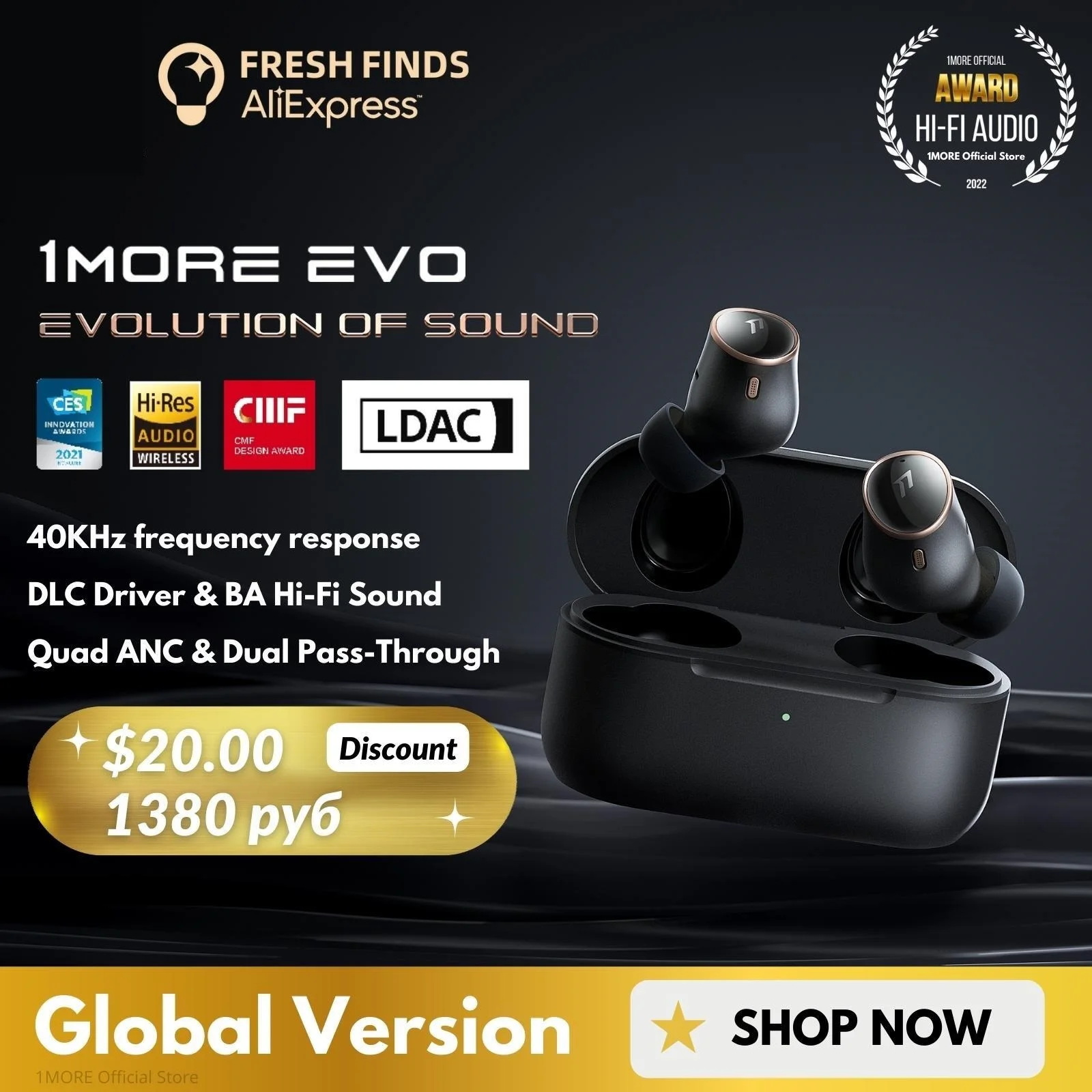 

World Premiere EVO Hi-Res Wireless Earbuds Audiophile LDAC Bluetooth 5.2 Headphones 42dB ANC Tws Connect 2 Device Earphone