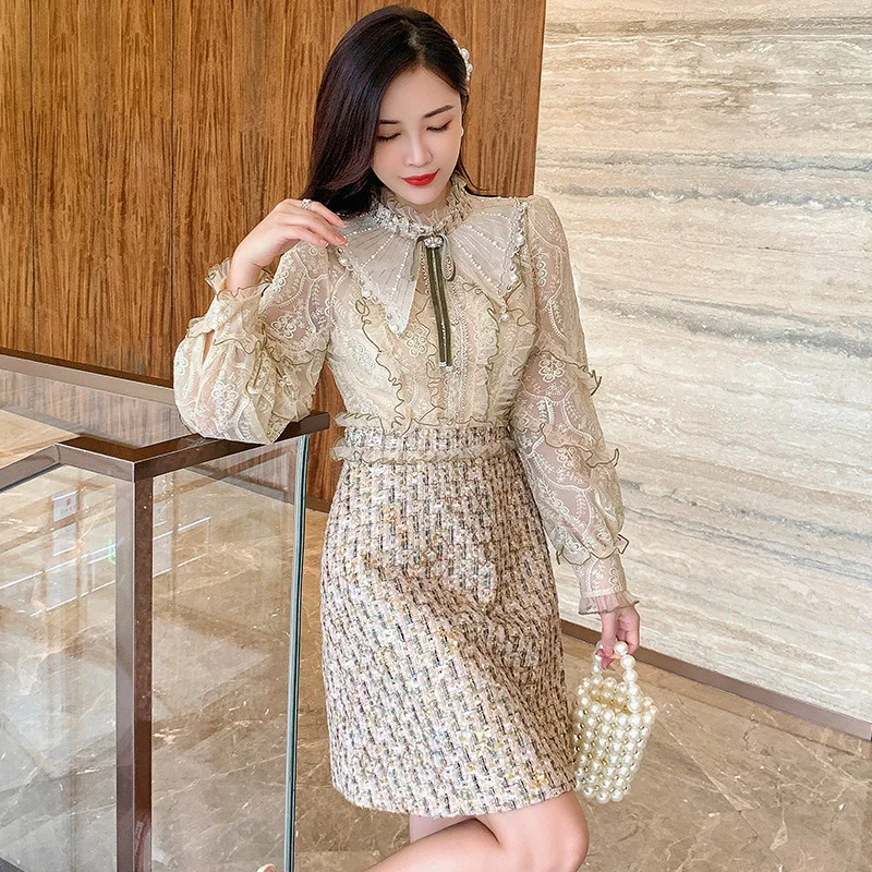 

Maje hoydsn Знаменитая леди кружевное платье с длинным рукавом маленькое женское осенне-зимнее платье высокого качества юбка на талии юбка А-сил...