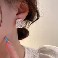ins new silver needle korean retro irregular flower square enamel stud earrings white metal jewelry for women girls accessories