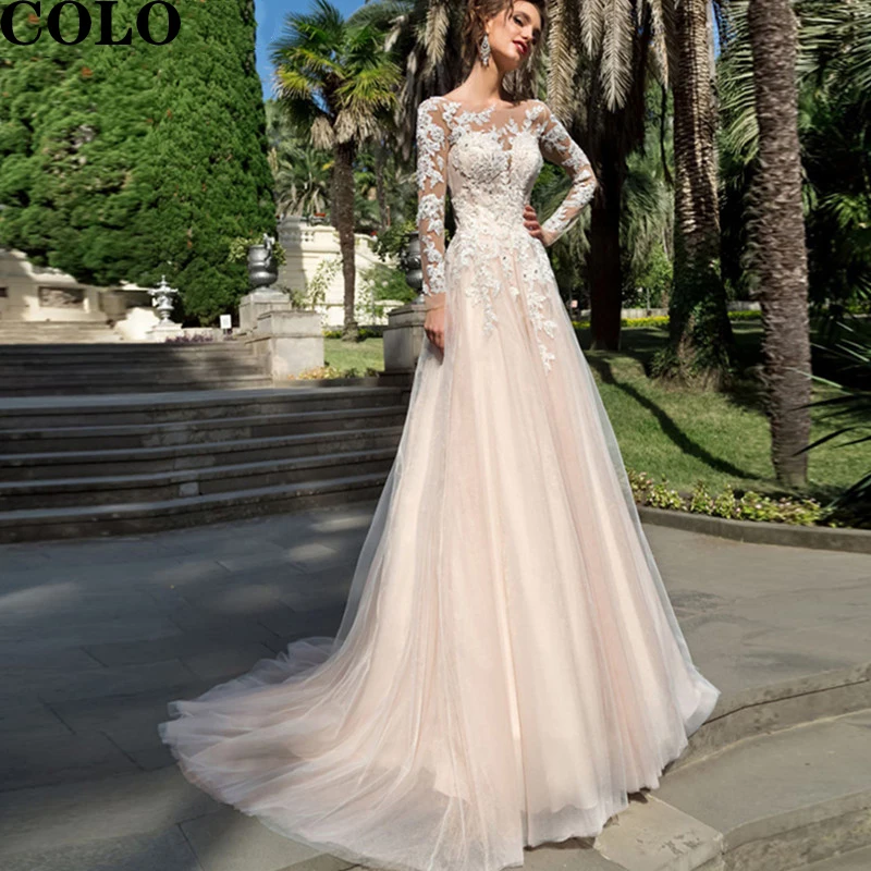 

Elegant Fashion Long Sleeves Lace Wedding Dress 2022 Lace Up Scoop Design Delicate Appliques Wedding Gown Train For Bride Tulle