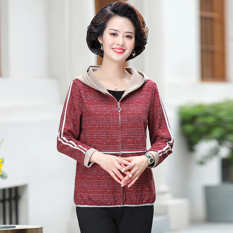 

Spring Middle-Aged Elderly Mother Outerwear Oversize 5XL Casual Hooded Jacket Zipper Women Fashion Coat X114