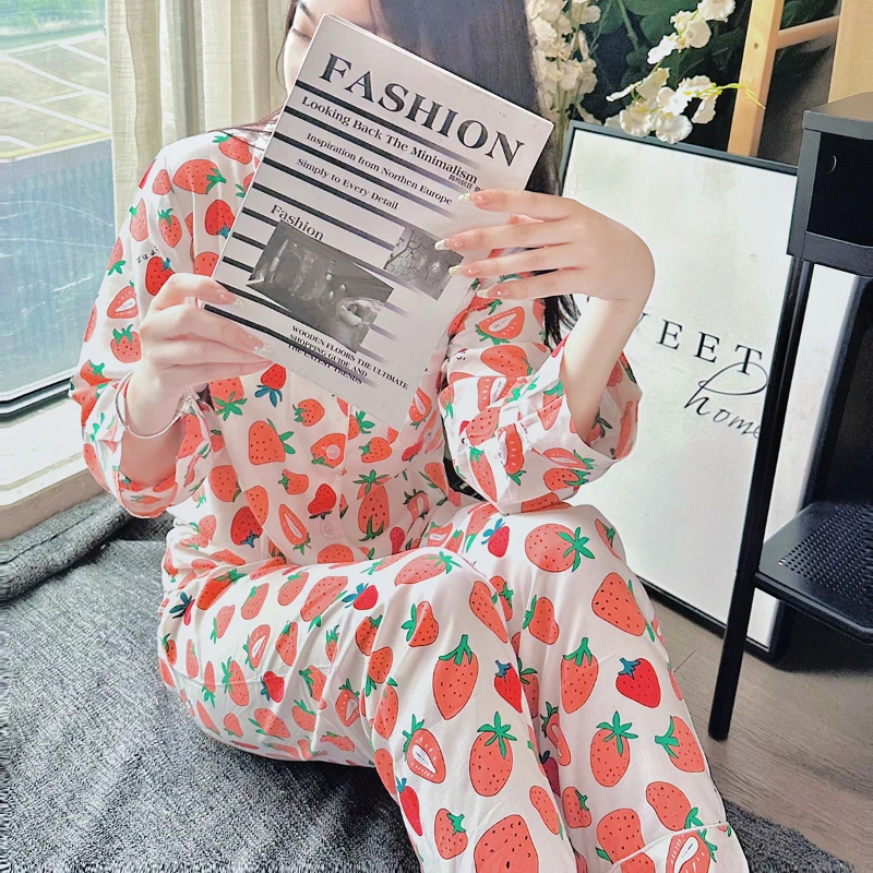 New Pajamas for Women's Spring and Autumn Comfortable Pink Long-sleeved V-neck Home Service Two-piece Suit Can Be Worn Outside