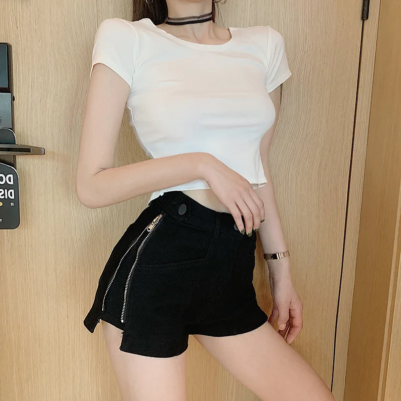 Denim Shorts Women Three-point Casual High Waist Showing Slimming 2023 Summer A-line Girls Wide Leg Side Zipper Letter Hot Pants