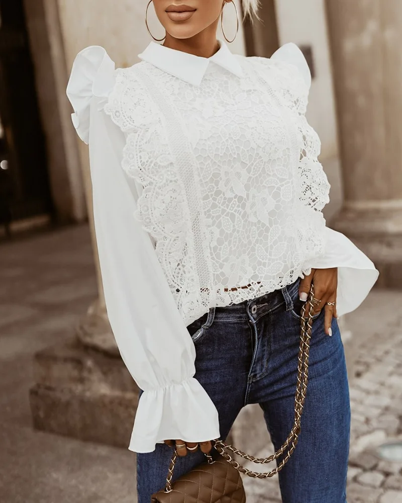 

Woman Ruffle Hem Long Sleeve Casual Blouses Plain Turn-Down Collar Lace Daily Shirt Top