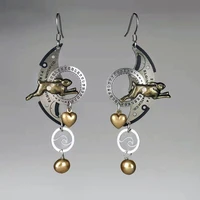 punk hollow moon running rabbit earrings hip hop jewelry metal carved number letter golden heart ball pendant dangle earrings