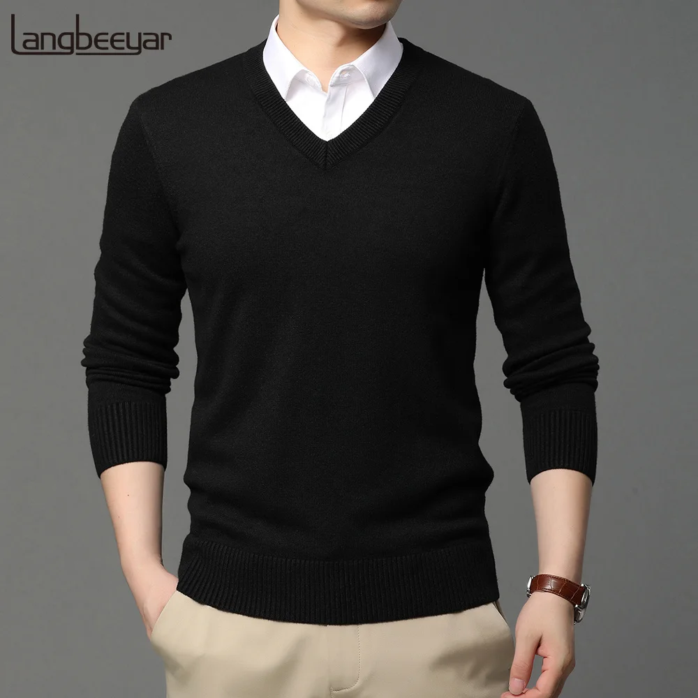 

2023 i Quality New Fasion Brand Woolen Knit Pullover V Neck Sweater Black For Men Autum Winter Casual Jumper Men Clotes