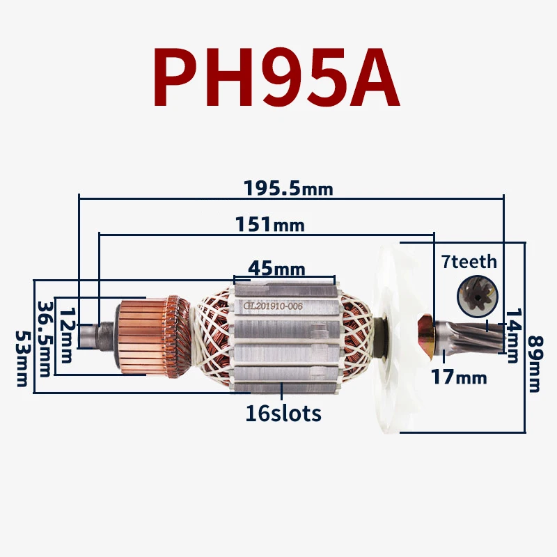 

PH95A Armature Rotor Parts for Hitachi PH95A Electric Pick Hammer Armature 7teeth Rotor Armature Anchor Replacement Parts