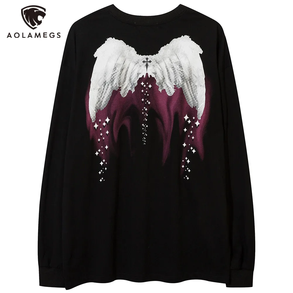 

Aolamegs Hip Hop Retro Men's Sweatshirt Abstract Angel Wings Print Long Sleeves Tops Autumn Casual High Street Baggy Streetwear