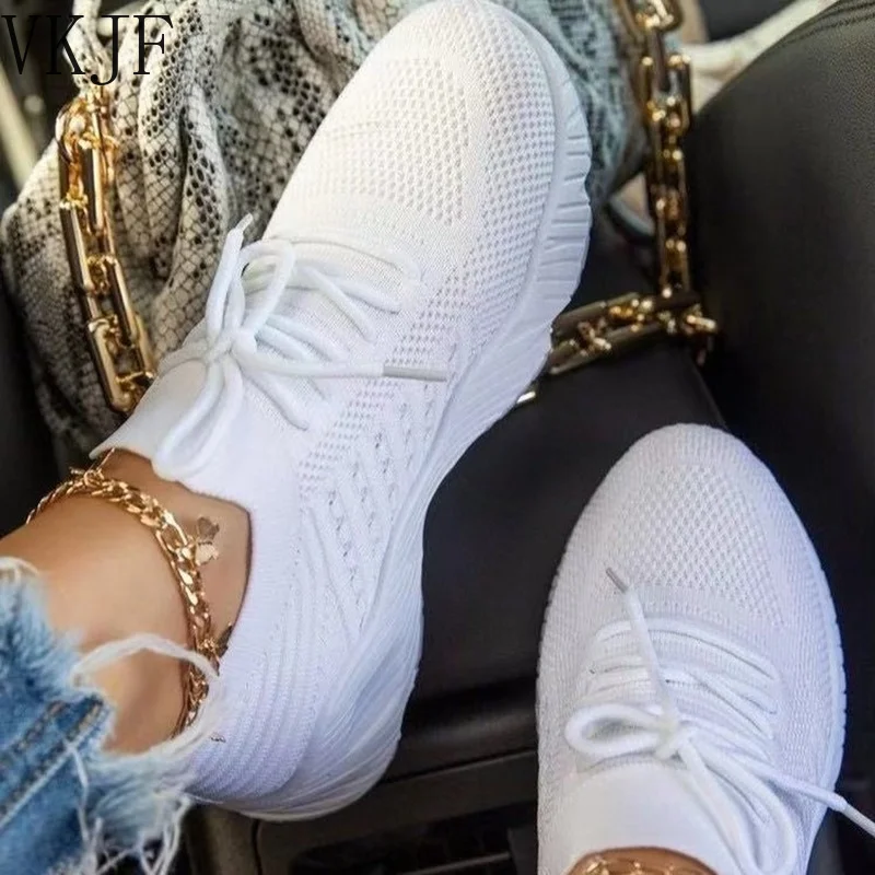 

Women White Sneakers Thick Bottom Solid Plus Size Women's Shoes Comfortable Breathable Summer Outdoor Lace Up Ladies Flat Shoe