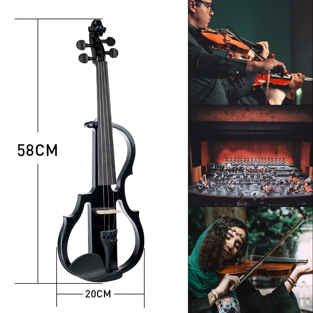Mugig 4/4 Black Electric Violin Kit Full Size Electronic Violin w/Brazilwood Bow Rosin Tuner Strings Cable Case Student Violin enlarge