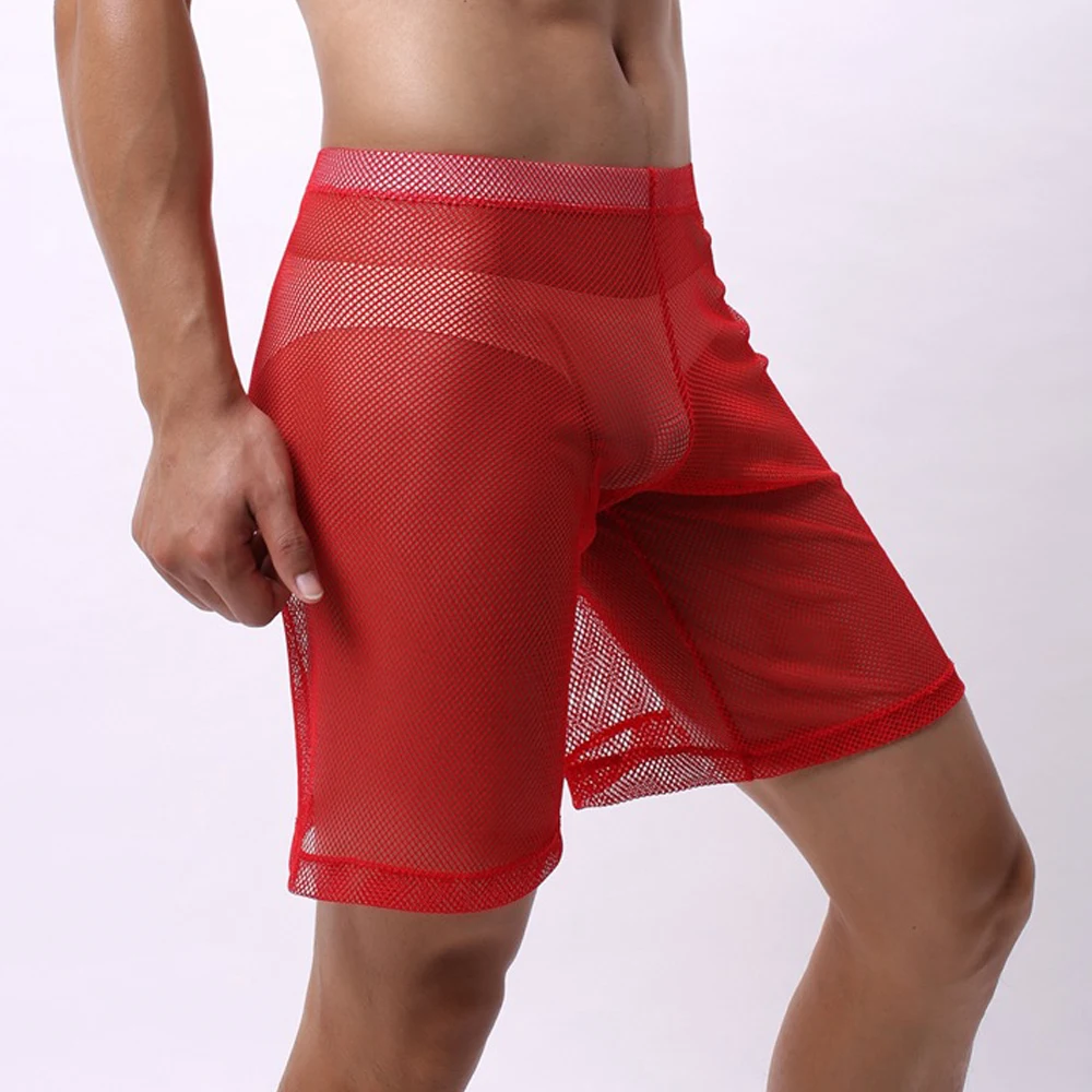Qucik-Dry Boxershorts Men Sheer Mesh Boxer Shorts Loose Lounge Fishnet Underwear Men's Transparent Soft Panties Trunks Clubwear