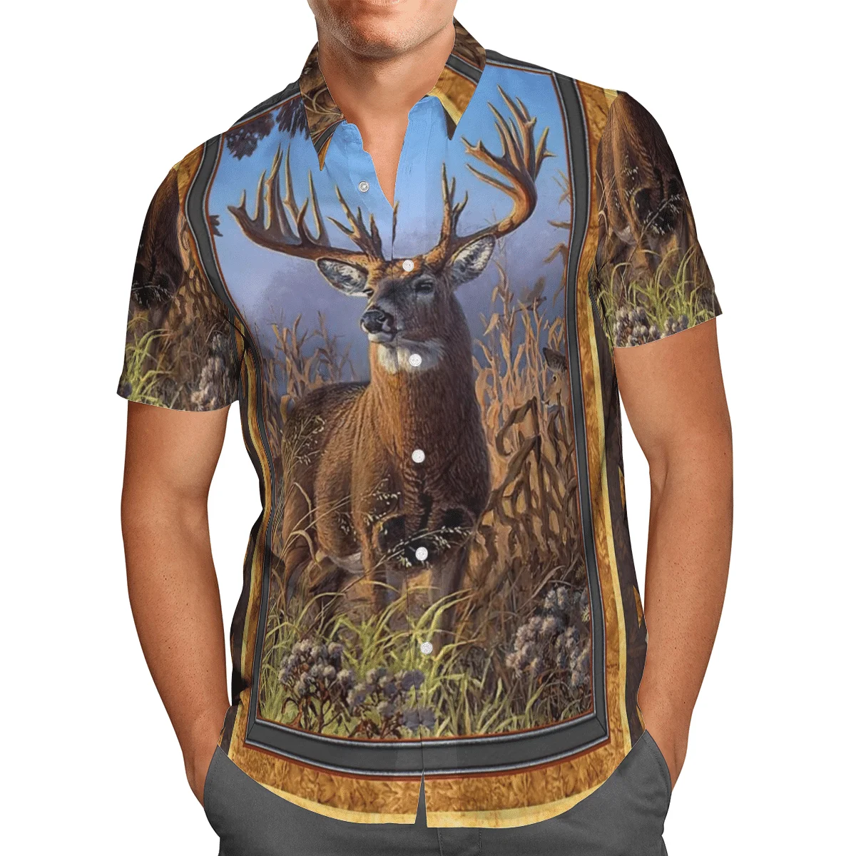 2022 Hawaii Shirts Summer Casual Button Shirt Beach Holiday Short-sleeve 3D Printed Deer Pattern Fashion Mens Lapel Hip Hop Tops